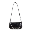 Bolso de hombro negro en cuero arrugado para mujer con cadena plateada y logo frontal - Negro
