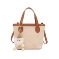 Mini cream tote bag with brown handles, cartoon dog prints and plush ball charm accessory - With Pendant / Off White