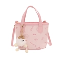 Pink mini bucket bag with SMNL print, cartoon dog pattern and plush pendant - With Pendant / Pink
