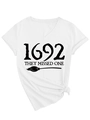 Detail of white V-neck T-shirt with 1692 text, broom graphic and side knot design - S / White (Black Font)