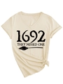 Detail of V-neck T-shirt showing 1692 they missed one text with broom graphic - S / Sand (Black Font)