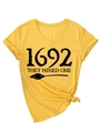 Detail of V-neck mustard t-shirt with 1692 text, witch broom print and front knot design - S / Yellow (Black Font)
