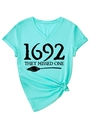 Detail of V-neck mint green T-shirt with 1692 they missed one witch graphic and rolled sleeves - 2XL / Deep Water Blue (Black Font)