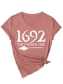 Detail of V-neck dusty rose T-shirt with 1692 They Missed One print and front knot tie - S / Rose Gold (White Font)