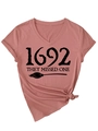 Detail view of V-neck dusty pink t-shirt with 1692 graphic and front hem tie detail - S / Rose Gold (Black Font)