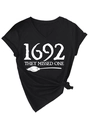 Close-up of V-neck cotton T-shirt with 1692 They Missed One witch broom print - S / Black (White Font)