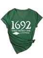 Detail of V-neck dark green T-shirt with 1692 they missed one print and knotted hem - S / Vintage Green (White Font)