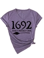 Detailed view of 1692 Salem print on purple heather V-neck cotton T-shirt with rolled sleeves - S / Purple (Black Font)
