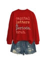 Detail von rotem Sweatshirt mit Retro-Textdruck und Distressed-Denim-Shorts - S / Rot