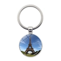 Eiffel Tower time gem keychain with silver metal ring and circular Parisian landmark pendant - Blue Sky Panorama Style (JY007578-1)