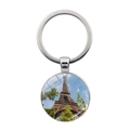 Paris Eiffel Tower keychain with round glass gem pendant and silver metal ring - Blue Sky Green Trees Souvenir Style (JY007578-4)