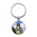 Eiffel Tower glass pendant keychain with silver metal ring on white background - Blue Sky White Clouds Lawn Style (JY007578-6)