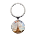 Silver Eiffel Tower keychain with round glass dome featuring a scenic sunset view - Sunset Maple Leaves Regional Style (JY007578-7)