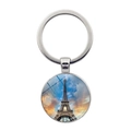 Paris Eiffel Tower keychain with sunset glass gem pendant on a polished metal ring - Sunset Clouds Glass Patch Style (JY007578-8)