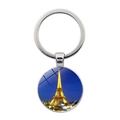 Round silver keychain featuring a glass dome with Paris Eiffel Tower night view - Night Light Convex Glass Style (JY007578-10)