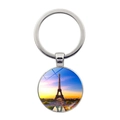 Round glass cabochon keychain featuring sunset Eiffel Tower photography on silver alloy - Time Gem Sunset Scenery Style (JY007578-11)