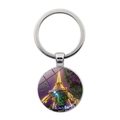 Round glass time gem keychain featuring Eiffel Tower night view in silver metal frame - Deep Purple Night Splendid View Style (JY007578-12)