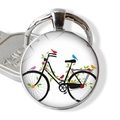 Portachiavi vintage argento con cabochon in vetro e motivo bicicletta fiorita e uccelli - Bicicletta Nera con Uccelli e Fiori Colorati (JY007506-4)