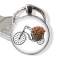 Vintage bicycle floral glass cabochon keychain with silver metal ring pendant - Retro Tricycle and Pink Flowers (JY007506-6)