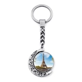 Silver crescent moon keychain with double-sided rotating Eiffel Tower glass pendant - Nostalgic Eiffel Tower (JY007580-2)