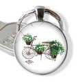 Vintage bicycle flower basket keychain with a round glass gem and silver metal frame - Sketch Vintage Bike and Pink Flower Bunches (JY007506-8)