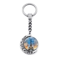Silver moon keychain with a rotating glass pendant featuring the Eiffel Tower scenery - Golden Autumn Sunset (JY007580-8)