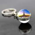 Paris Eiffel Tower keychain with double-sided glass ball pendant and silver metal ring - Twilight Scenery Style (JY007582-11)