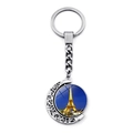 Silver Eiffel Tower spinning keychain with decorative crescent moon hollow engraving - Deep Blue Night View (JY007580-10)