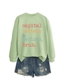 Flat lay of light green sweatshirt with retro capital letters periods bruh slogan print - Olive Green