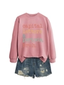 Pink crewneck sweatshirt with 'capital letters' text and distressed denim shorts - Oak Pink
