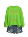 Detail of neon green crewneck sweatshirt with 'capital letters & periods, bruh.' text - Fluorescent Green