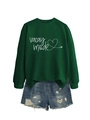 Detail of green Vacay Mode sweatshirt and distressed blue denim shorts with ripped effects - Dark Green (White Print)