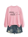Detail of pink long-sleeved Vacay Mode sweatshirt and distressed blue denim shorts - Pink (Black Letters)