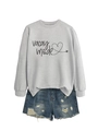 Detail of the Vacay Mode heart print on a grey long sleeve sweatshirt and denim shorts - Grey (Black Print)