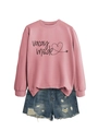 Detail of pink VACAY MODE sweatshirt with blue distressed denim shorts set - Rose Gold (Black Letters)