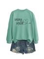 Flat lay of mint green Vacay Mode sweatshirt and distressed denim shorts set - Light Green (Black Print)