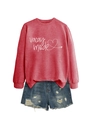 Flat lay of red vacay mode sweatshirt paired with distressed blue denim shorts - Red (White Letters)