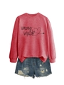 Detail of red Vacay Mode crewneck sweatshirt with distressed denim shorts - Red (Black Print)
