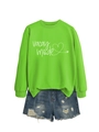 Neon green sweatshirt with Vacay Mode print paired with distressed denim shorts - Fluorescent Green (White Graphic)
