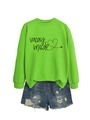 Detail of neon green vacay mode sweatshirt with heart print and distressed denim shorts - Fluorescent Green (Black Graphic)