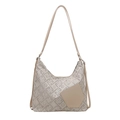 Beige plaid shoulder bag with geometric floral patterns and khaki leather pocket accent - Off White