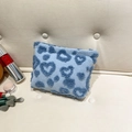 Plush light blue heart pattern makeup organizer with zipper and soft velvet texture - Blue
