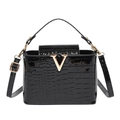 Sac seau classique noir texture crocodile avec une boucle métallique en V dorée élégante - Style Motif Crocodile / Noir