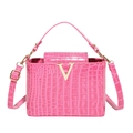 Structured magenta crocodile-embossed handbag with golden V-logo hardware and top handle - Crocodile Pattern Style / Pink