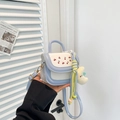 Cute kids cherry print crossbody bag in sky blue and cream with moon plush charm - Blue