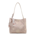 Sac cabas en toile brodée de fleurs avec anses tressées et foulard décoratif en soie - Rose