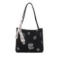 Sac fourre-tout à fleurs en toile avec anses en corde et foulard en soie décoratif - Noir
