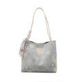 Sac fourre-tout gris à motif floral avec bandoulière tressée et foulard en soie - Bleu