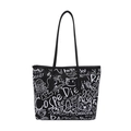 Graffiti tote bag in black with white cartoon patterns and adjustable shoulder strap - No Pendant / Black