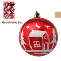 Set de bolas de Navidad rojas de 8cm con dibujos de casas nevadas y pinos blancos - Casa de Nieve Roja (s31)